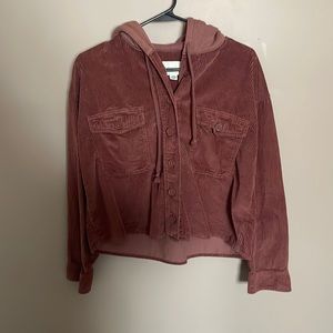 dark pink american eagle hooded corduroy button up. size medium.